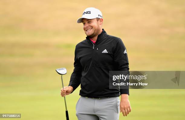 Tyrrell Hatton of England reacts after his birdie putt on hole six during day two of the Aberdeen Standard Investments Scottish Open at Gullane Golf...