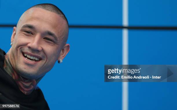 Radja Nainggolan of FC Internazionale smiles during the FC Internazionale training session at the club's training ground Suning Training Center in...