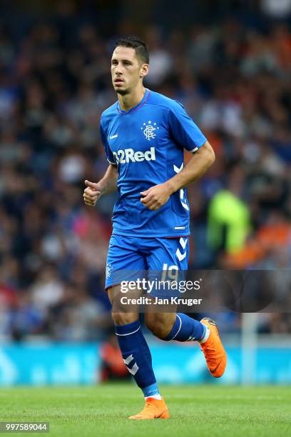 Nikola Katic of Rangers in action during the UEFA Europa League Qualifying Round match between Rangers and Shkupi at Ibrox Stadium on July 12, 2018...