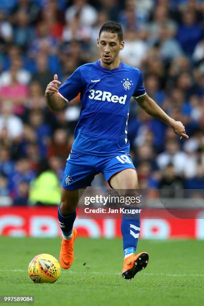 Nikola Katic of Rangers in action during the UEFA Europa League Qualifying Round match between Rangers and Shkupi at Ibrox Stadium on July 12, 2018...