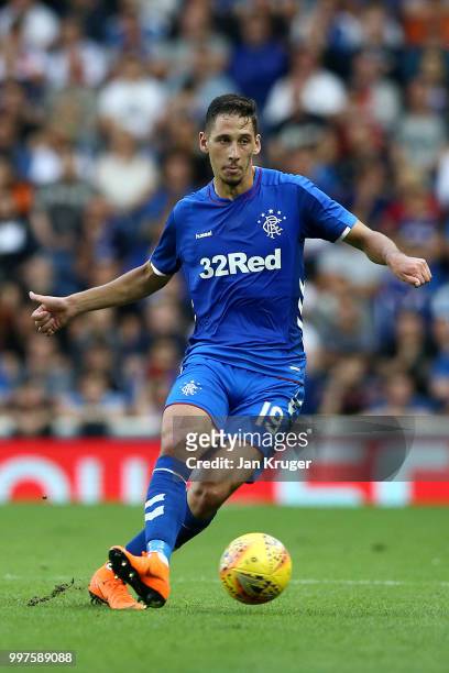 Nikola Katic of Rangers in action during the UEFA Europa League Qualifying Round match between Rangers and Shkupi at Ibrox Stadium on July 12, 2018...