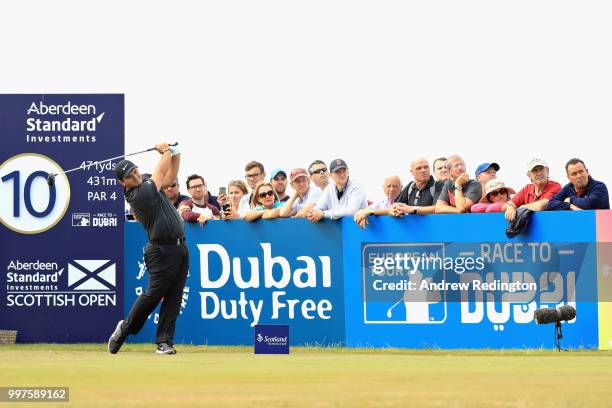 Patrick Reed of USA takes his tee shot on hole ten during day two of the Aberdeen Standard Investments Scottish Open at Gullane Golf Course on July...