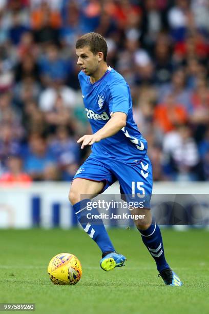 Jon Flanagan of Rangers in action during the UEFA Europa League Qualifying Round match between Rangers and Shkupi at Ibrox Stadium on July 12, 2018...