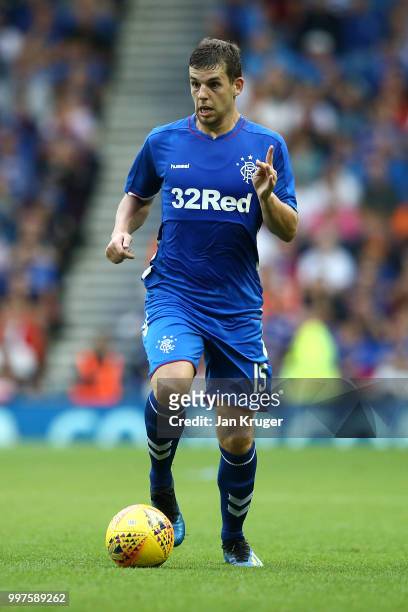 Jon Flanagan of Rangers in action during the UEFA Europa League Qualifying Round match between Rangers and Shkupi at Ibrox Stadium on July 12, 2018...