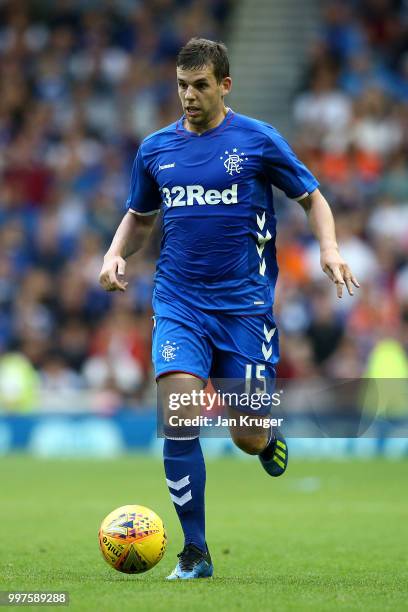 Jon Flanagan of Rangers in action during the UEFA Europa League Qualifying Round match between Rangers and Shkupi at Ibrox Stadium on July 12, 2018...