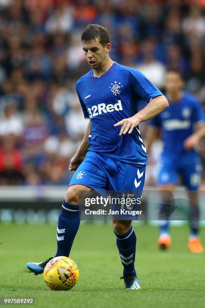 Jon Flanagan of Rangers in action during the UEFA Europa League Qualifying Round match between Rangers and Shkupi at Ibrox Stadium on July 12, 2018...