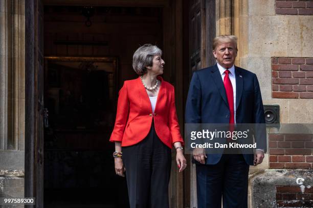Prime Minister Theresa May greets U.S. President Donald Trump at Chequers on July 13, 2018 in Aylesbury, England. US President, Donald Trump, held...