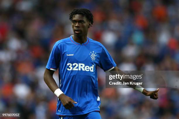 Ovie Ejaria of Rangers in action during the UEFA Europa League Qualifying Round match between Rangers and Shkupi at Ibrox Stadium on July 12, 2018 in...