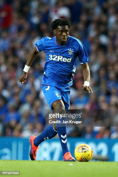 Ovie Ejaria of Rangers in action during the UEFA Europa League Qualifying Round match between Rangers and Shkupi at Ibrox Stadium on July 12, 2018 in...