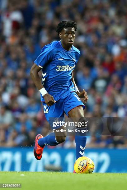 Ovie Ejaria of Rangers in action during the UEFA Europa League Qualifying Round match between Rangers and Shkupi at Ibrox Stadium on July 12, 2018 in...