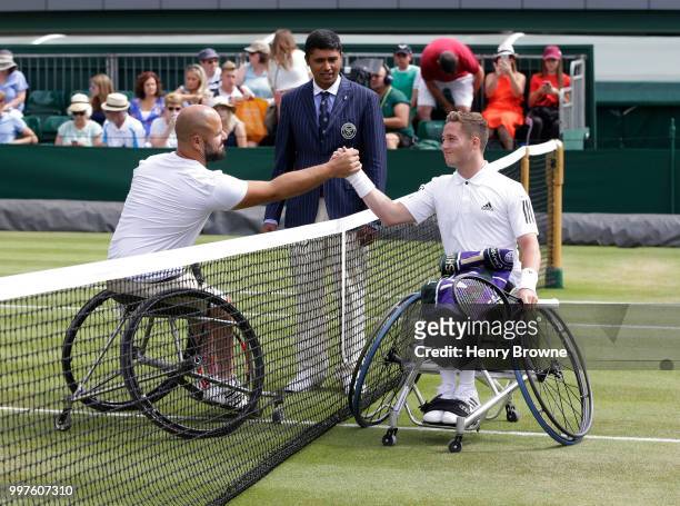 July 13: Alfie Hewett of Great Britain and Stefan Olsson of Sweden shake hands before the mens wheelchair semi final at the All England Lawn Tennis...