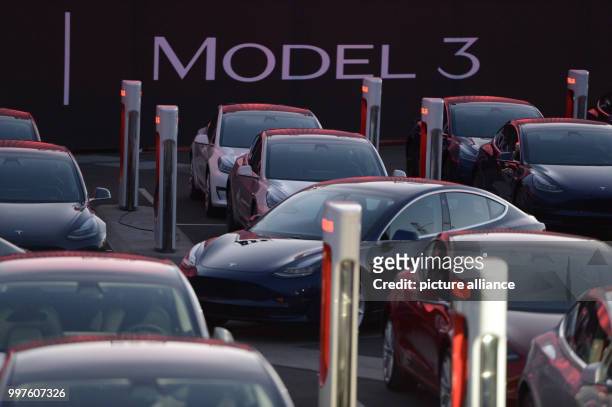 First cars of the more reasonable Tesla vehicle Model 3 can be seen during the delivery on the company grounds in Fremont, US, 28 July 2017. Tesla...