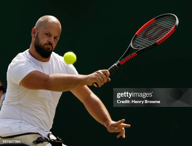 July 13: Stefan Olsson of Sweden during the mens wheelchair semi final against Alfie Hewett of Great Britain at the All England Lawn Tennis and...