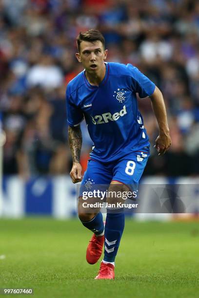 Ryan Jack of Rangers in action during the UEFA Europa League Qualifying Round match between Rangers and Shkupi at Ibrox Stadium on July 12, 2018 in...