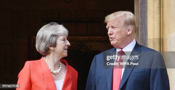 Prime Minister Theresa May greets U.S. President Donald Trump at Chequers on July 13, 2018 in Aylesbury, England. US President, Donald Trump, held...