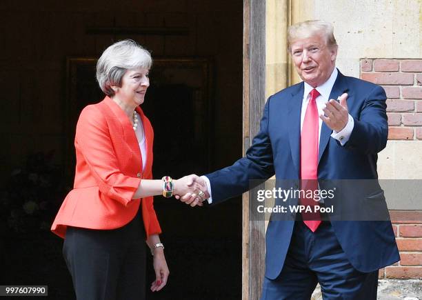 Prime Minister Theresa May greets U.S. President Donald Trump at Chequers on July 13, 2018 in Aylesbury, England. US President, Donald Trump, held...