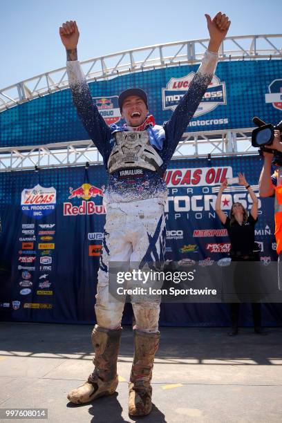 Lucas Oil Motocross rider Aaron Plessinger of Monster Energy/Yamalub/Star/Yamaha celebrates his win in the 250 Moto during the Red Bull Redbud...