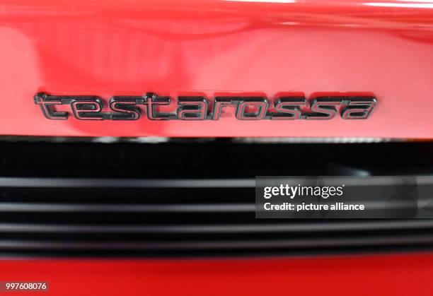 The lettering Testarossa seen on a Ferrari Testarossa from 1988 in the Auto & Technik Museum in Sinsheim, Germany, 29 July 2017. A toy manufacturer...