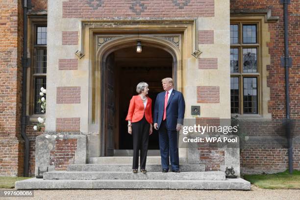 Prime Minister Theresa May greets U.S. President Donald Trump at Chequers on July 13, 2018 in Aylesbury, England. US President, Donald Trump, held...