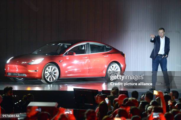 Tesla-CEO Elon Musk arrives at the presentation of the first more reasonable Tesla vehicle Model 3 in Fremont, US, 28 July 2017. Tesla plans on...