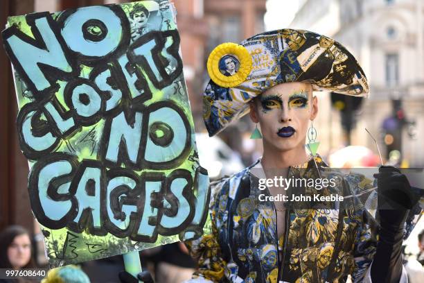 Drag Queen Cheddar Gorgeous attends the Drag Protest Parade LGBTQi+ March against Trump on July 13, 2018 in London, United Kingdom. Drag queens hold...