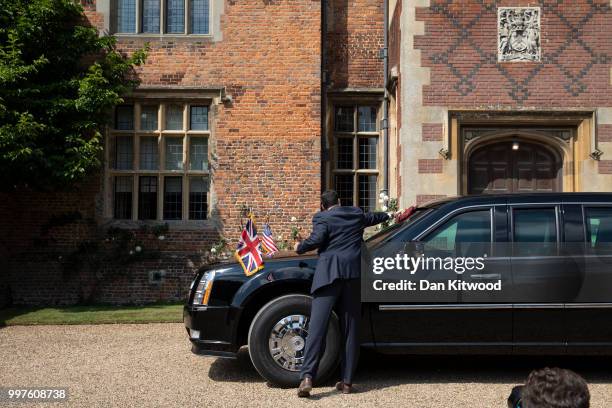 President Donald Trump arrives at Chequers to meet British Prime Minister Theresa May on July 13, 2018 in Aylesbury, England. US President, Donald...