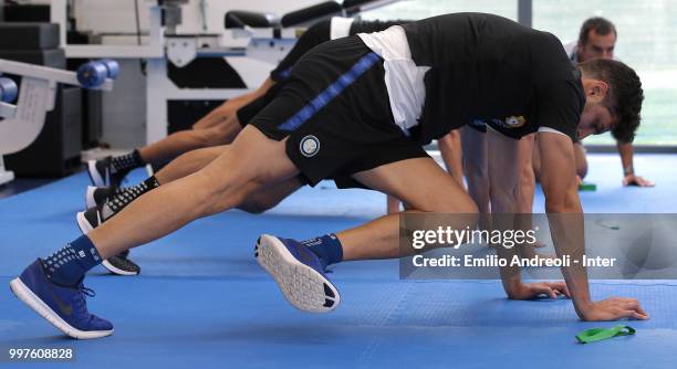 Andrea Ranocchia of FC Internazionale trains in the gym during the FC Internazionale training session at the club's training ground Suning Training...