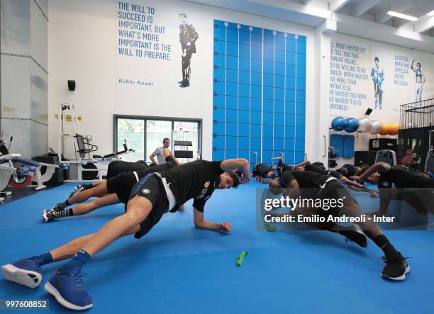 Andrea Ranocchia of FC Internazionale trains in the gym during the FC Internazionale training session at the club's training ground Suning Training...