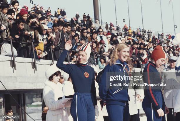 View of the medal winners of the Women's 500 metres speed skating competition with, from left, bronze medallist Lyudmila Titova of Soviet Union, gold...