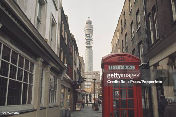 Street view from an alleyway of the Post Office Tower, now the BT Tower, located in Fitzrovia, central London. The Post Office Tower is currently the...