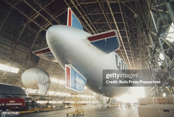 View of the Goodyear GZ-20 blimp Europa N2A tethered inside the Royal Aircraft Establishment airship hanger at RAF Cardington in Bedfordshire,...