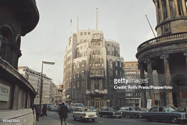 View from Portland Place of British Broadcasting Corporation's Broadcasting House headquarters in central London in 1971.