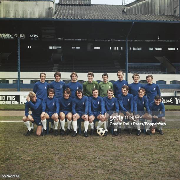 Chelsea Football Club squad players posed together at Stamford Bridge stadium in London on 20th March 1970 prior to their FA Cup final match with...