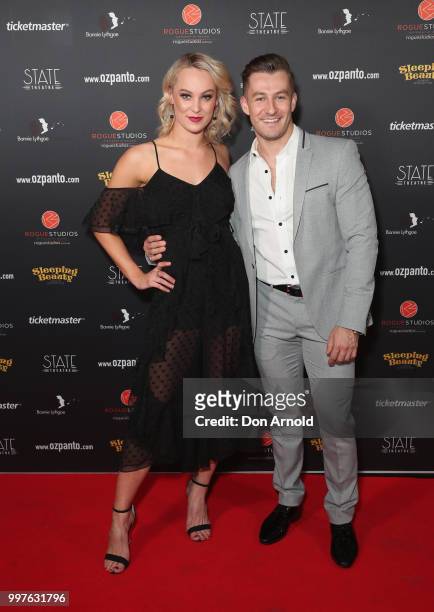 Sophie Holloway and Heath Keating arrive for opening night of Sleeping Beauty - A Knight Avenger's Tale at State Theatre on July 13, 2018 in Sydney,...