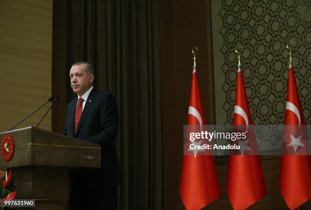 Turkish President Recep Tayyip Erdogan makes a speech as he attends the ceremony to present Turkish Grand National Assembly Speaker Binali Yildirim...