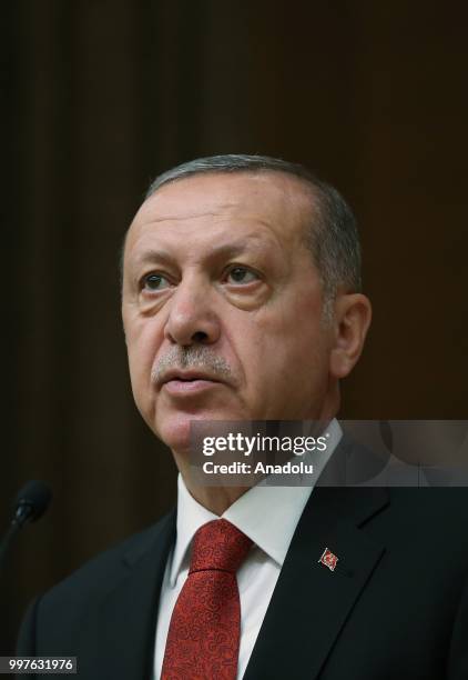 Turkish President Recep Tayyip Erdogan makes a speech as he attends the ceremony to present Turkish Grand National Assembly Speaker Binali Yildirim...