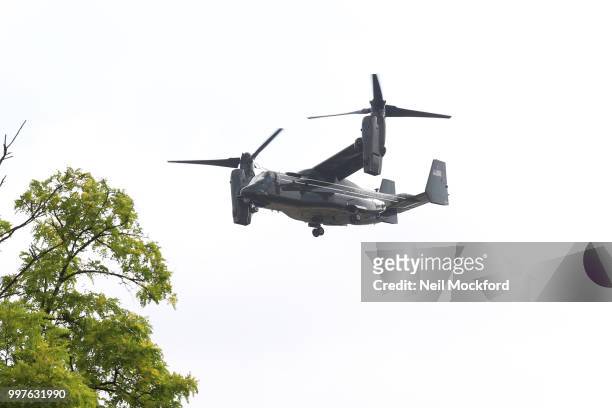 President Donald Trump departs Winfield House for Sandhurst Miltary Academy on July 13, 2018 in Camberley, England. The US President visits Sandhurst...