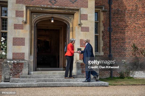 British Prime Minister Theresa May greets U.S. President Donald Trump at Chequers on July 13, 2018 in Aylesbury, England. US President, Donald Trump,...