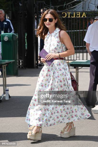 Jenna Coleman attends day eleven of the Wimbledon Tennis Championships at the All England Lawn Tennis and Croquet Club on July 13, 2018 in London,...