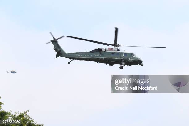 President Donald Trump departs Winfield House for Sandhurst Miltary Academy on July 13, 2018 in Camberley, England. The US President visits Sandhurst...