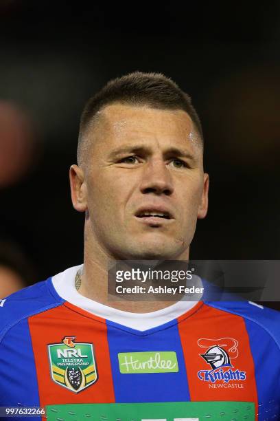 Shaun Kenny-Dowall of the Knights looks on during the round 18 NRL match between the Newcastle Knights and the Parramatta Eels at McDonald Jones...