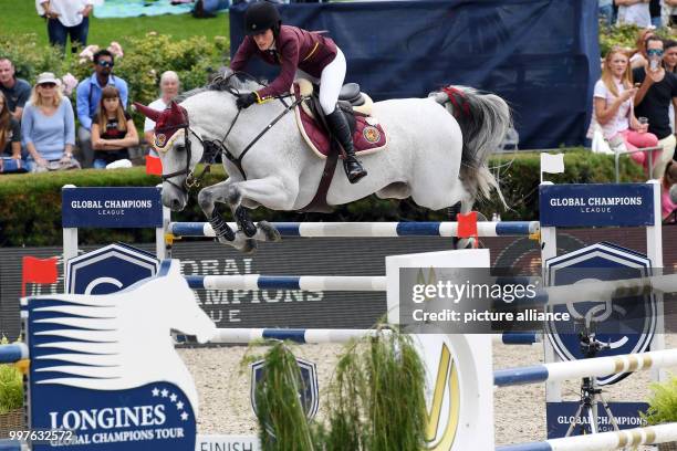 Jessica Springsteen on horse Cynar v. Takes part in the qualification for the Grand Prix of Berlin during the jumping test at the Global Champions...