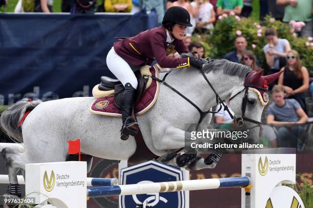 Jessica Springsteen on horse Cynar v. Takes part in the qualification for the Grand Prix of Berlin during the jumping test at the Global Champions...