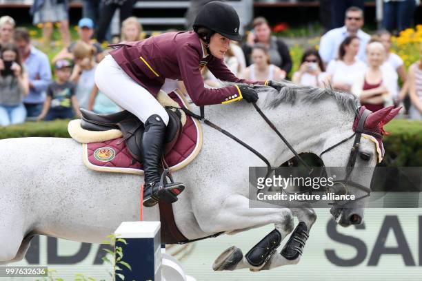Jessica Springsteen on horse Cynar v. Takes part in the qualification for the Grand Prix of Berlin during the jumping test at the Global Champions...