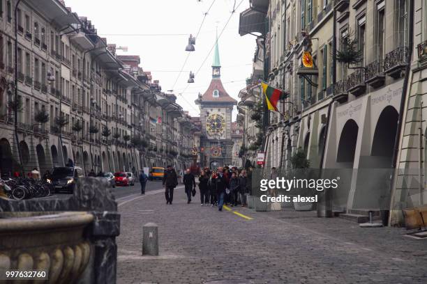 bern switzerland old town kramgasse street - alexsl stock pictures, royalty-free photos & images