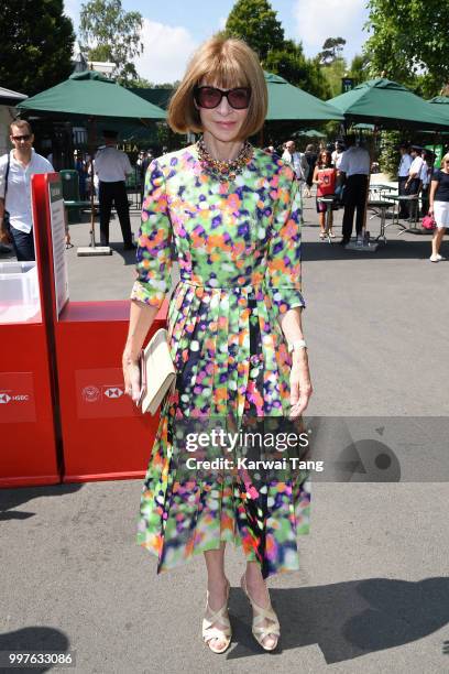 Anna Wintour attends day eleven of the Wimbledon Tennis Championships at the All England Lawn Tennis and Croquet Club on July 13, 2018 in London,...