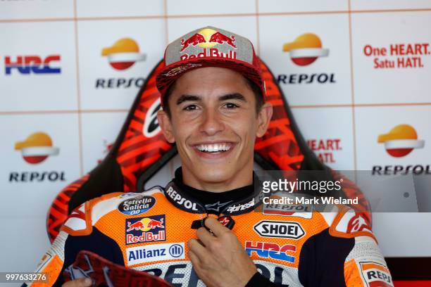 Marc Marquez of Spain and Resol Honda Team prepares for free practice during the MotoGP of Germany at Sachsenring Circuit on July 13, 2018 in...