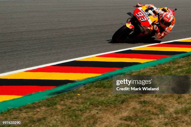 Marc Marquez of Spain and Repsol Honda Team rides in free practice during the MotoGP of Germany at Sachsenring Circuit on July 13, 2018 in...