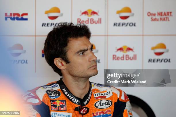 Dani Pedrosa of Spain and Repsol Honda Team prepares for free practice during the MotoGP of Germany at Sachsenring Circuit on July 13, 2018 in...
