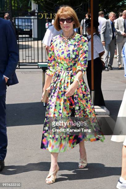 Anna Wintour attends day eleven of the Wimbledon Tennis Championships at the All England Lawn Tennis and Croquet Club on July 13, 2018 in London,...